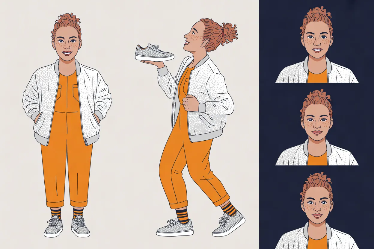 Cindy at Midnight character sheet on a pearl-white background: a front view with her hands in her pockets, a three-quarter view holding up a sneaker, and three head-and-shoulders expressions on a midnight-blue panel