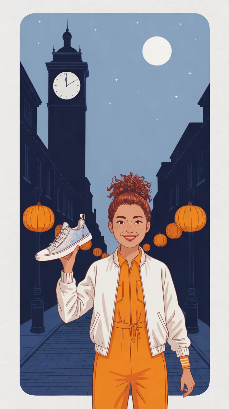 Cindy standing on a cobblestone street under a clock tower at night, grinning and holding up a single sparkly silver sneaker, with pumpkin lanterns and a full moon around her